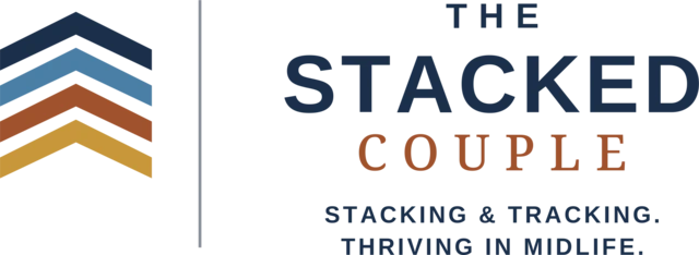 The Stacked Couple — four stacked chevrons beside the wordmark. Stacking & Tracking. Thriving in Midlife.